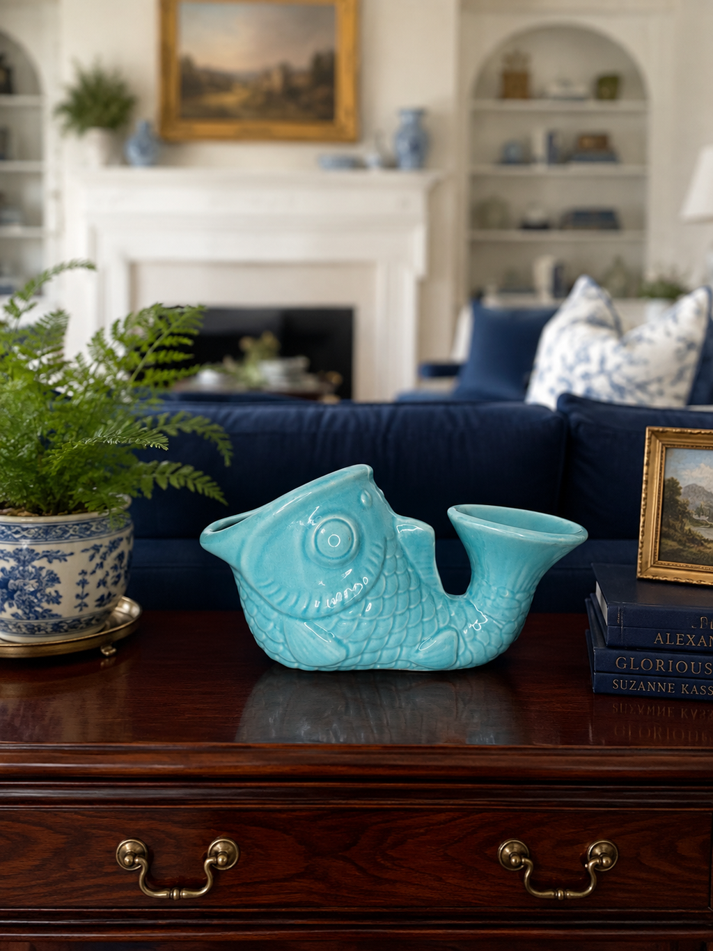 Mid-Century Turquoise Koi Fish Planter
